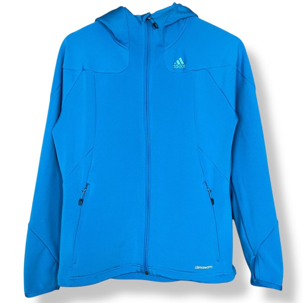 Adidas Jacket Hood Zip-Up‎ Fleece Women Bright Blue Thumbholes Climawarm Medium